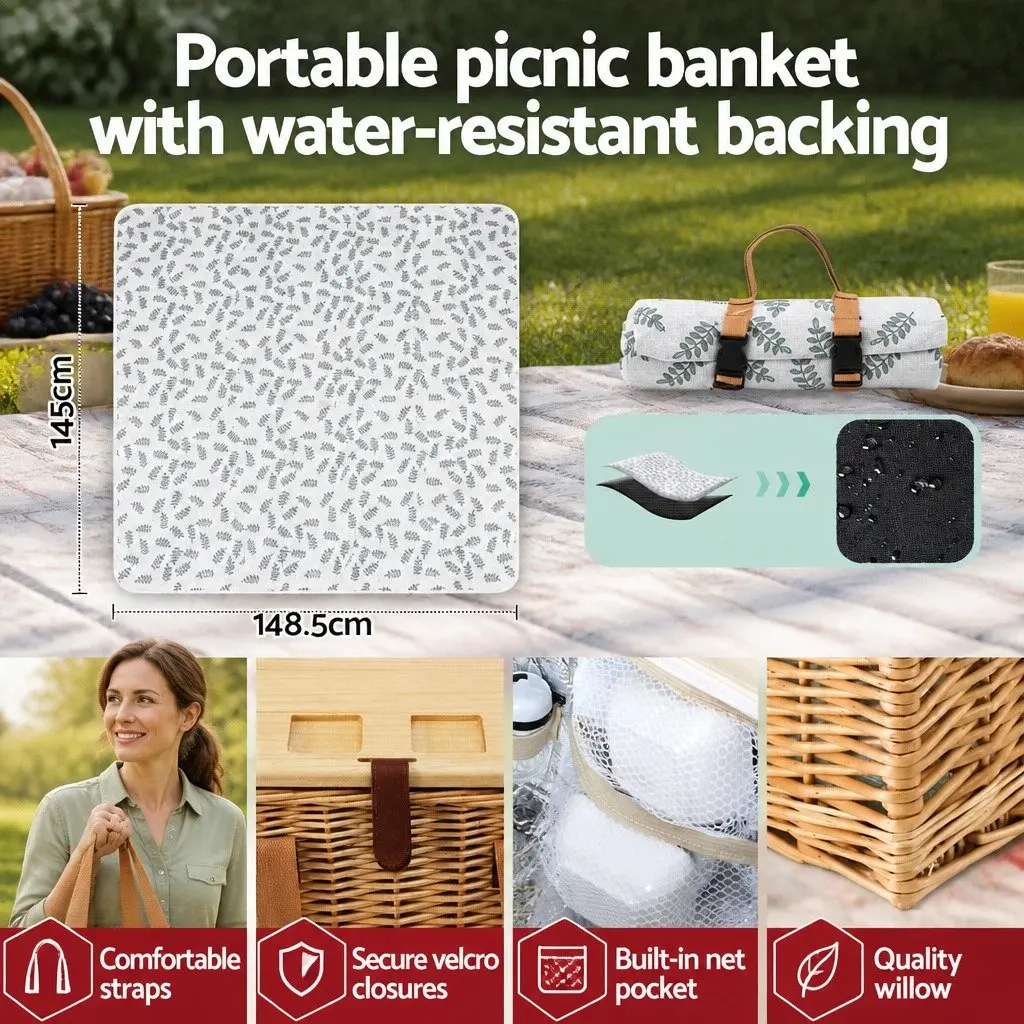 Picnic Basket Set Willow Woven for 2 Person with Wood Table Insulated Cooler Blanket Multicolour
