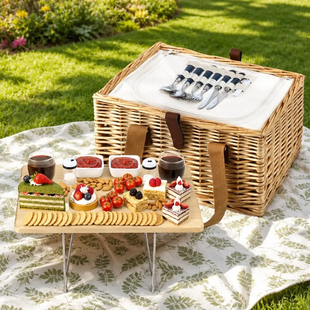 Picnic Basket Set Willow Woven for 2 Person with Wood Table Insulated Cooler Blanket Multicolour