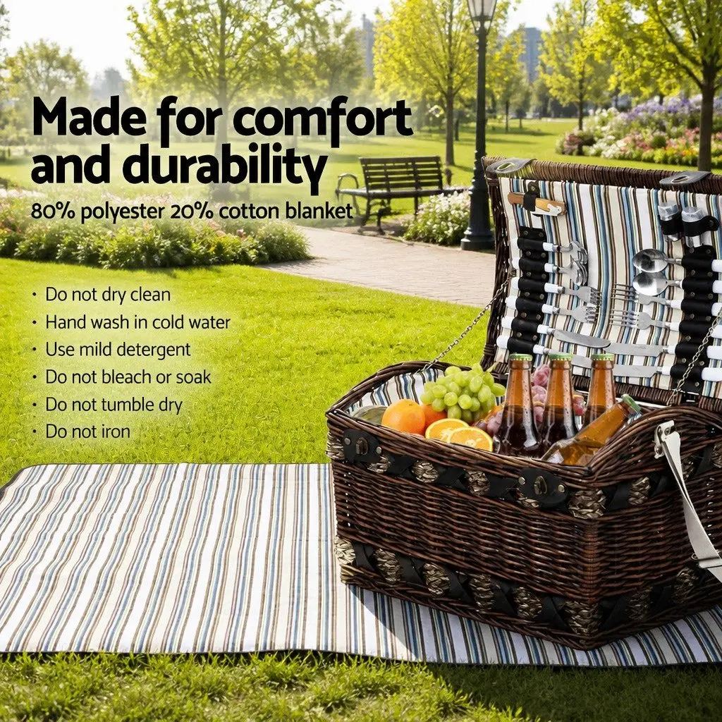 Wooden Picnic Basket Set Insulated Cooler 4 Person Brown with Colour Matching Blanket