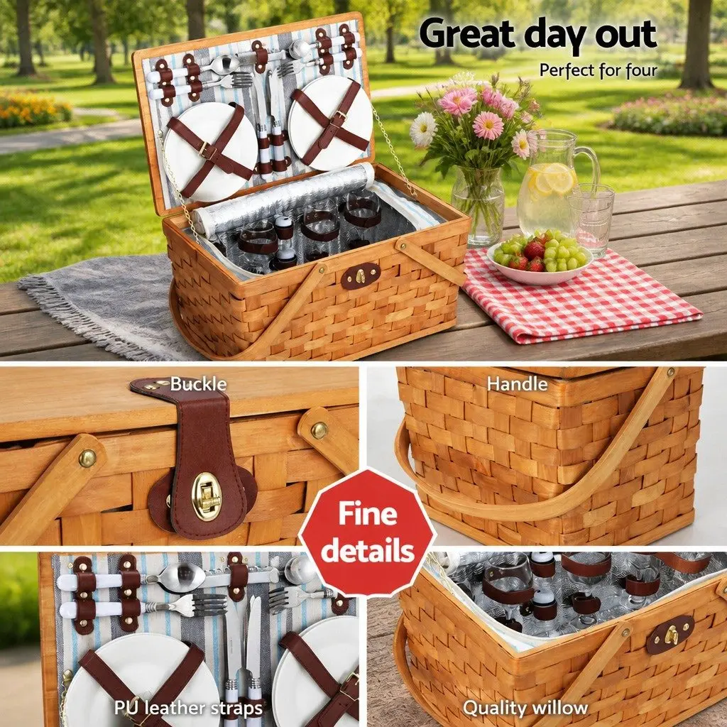 4 Person Picnic Basket Set Wooden Cooler Bag Brown with Blanket
