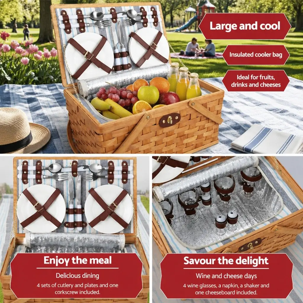 4 Person Picnic Basket Set Wooden Cooler Bag Brown with Blanket