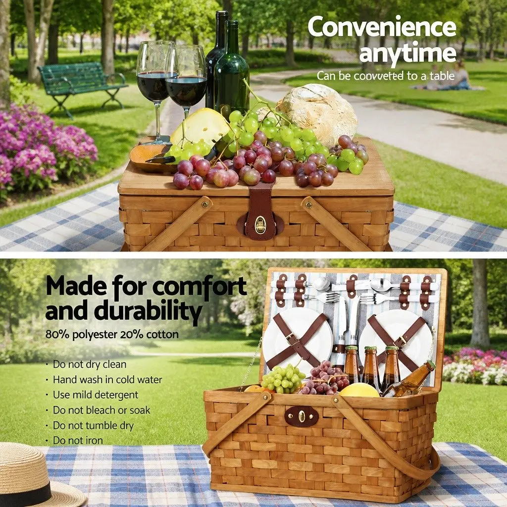 4 Person Picnic Basket Set Wooden Cooler Bag Brown with Blanket