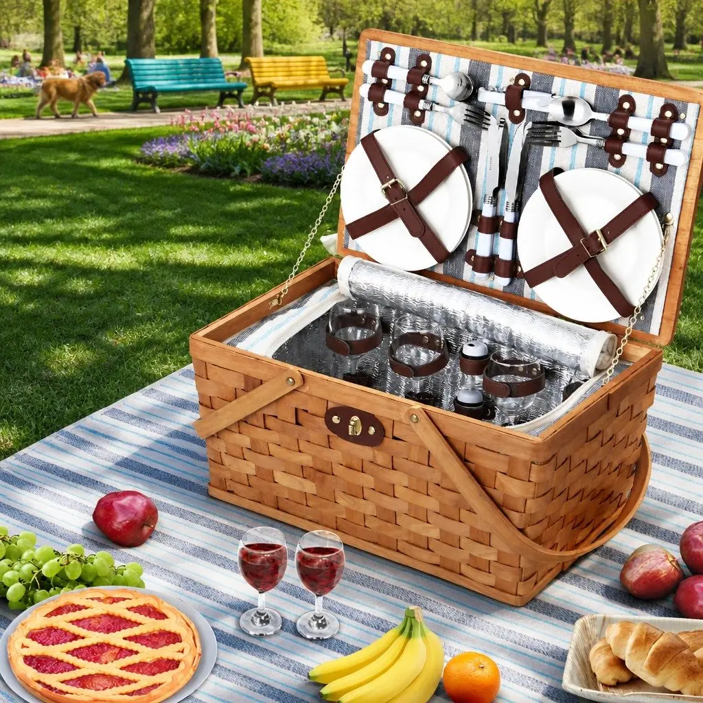 4 Person Picnic Basket Set Wooden Cooler Bag Brown with Blanket