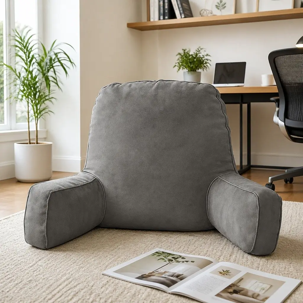Reading Pillow Back Rest Lumbar Support Cushion Grey Faux Suede 49 x 49 x 15 cm
