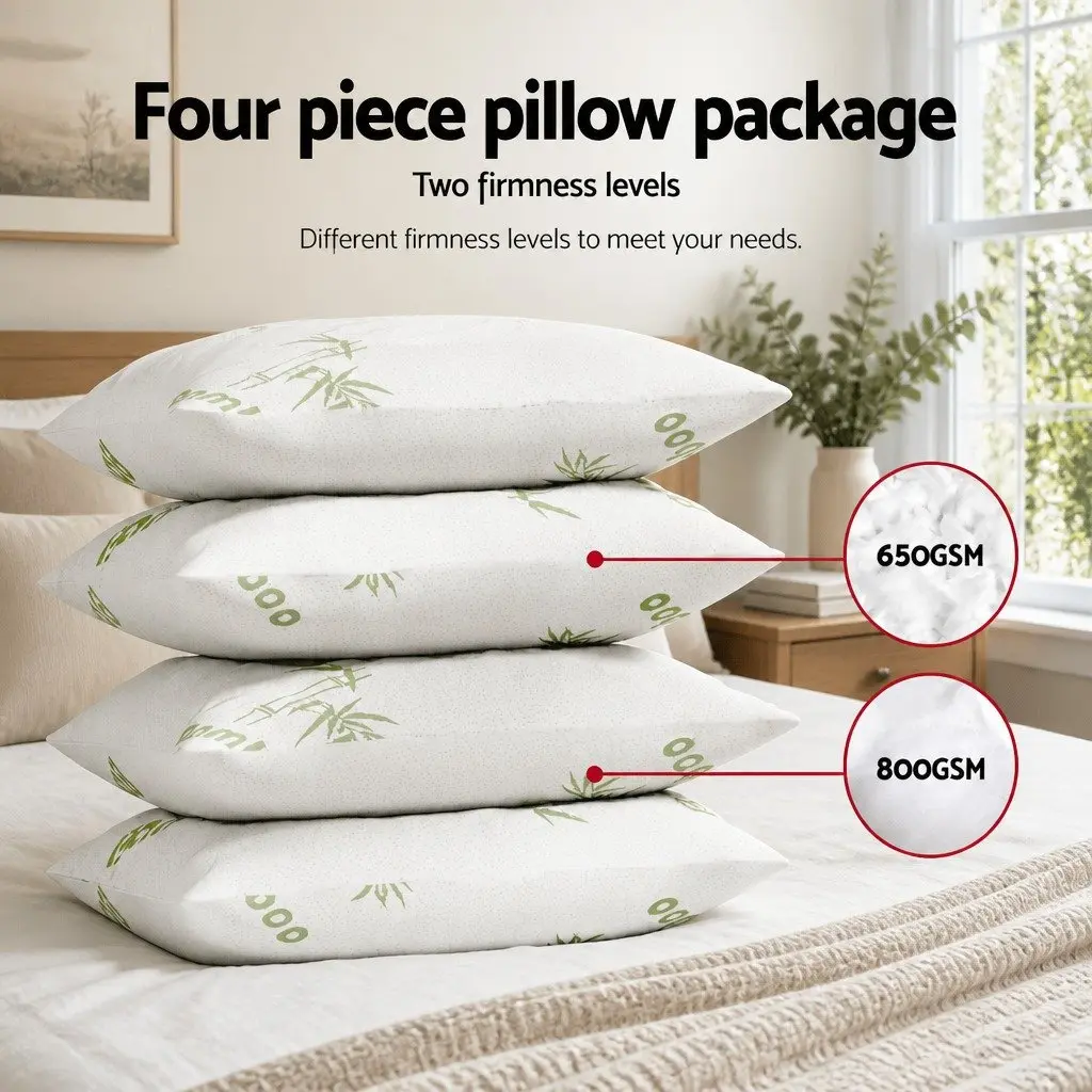Bamboo Pillow Set 4 Pack Medium Firm Firm White Polyester Fibre Filling