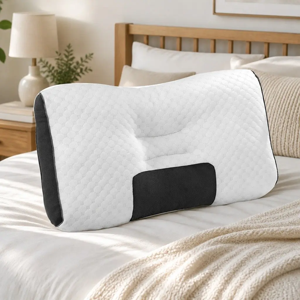 Ergonomic Contour Pillow Memory Foam Adjustable Height 73cm x 48cm Blue & White