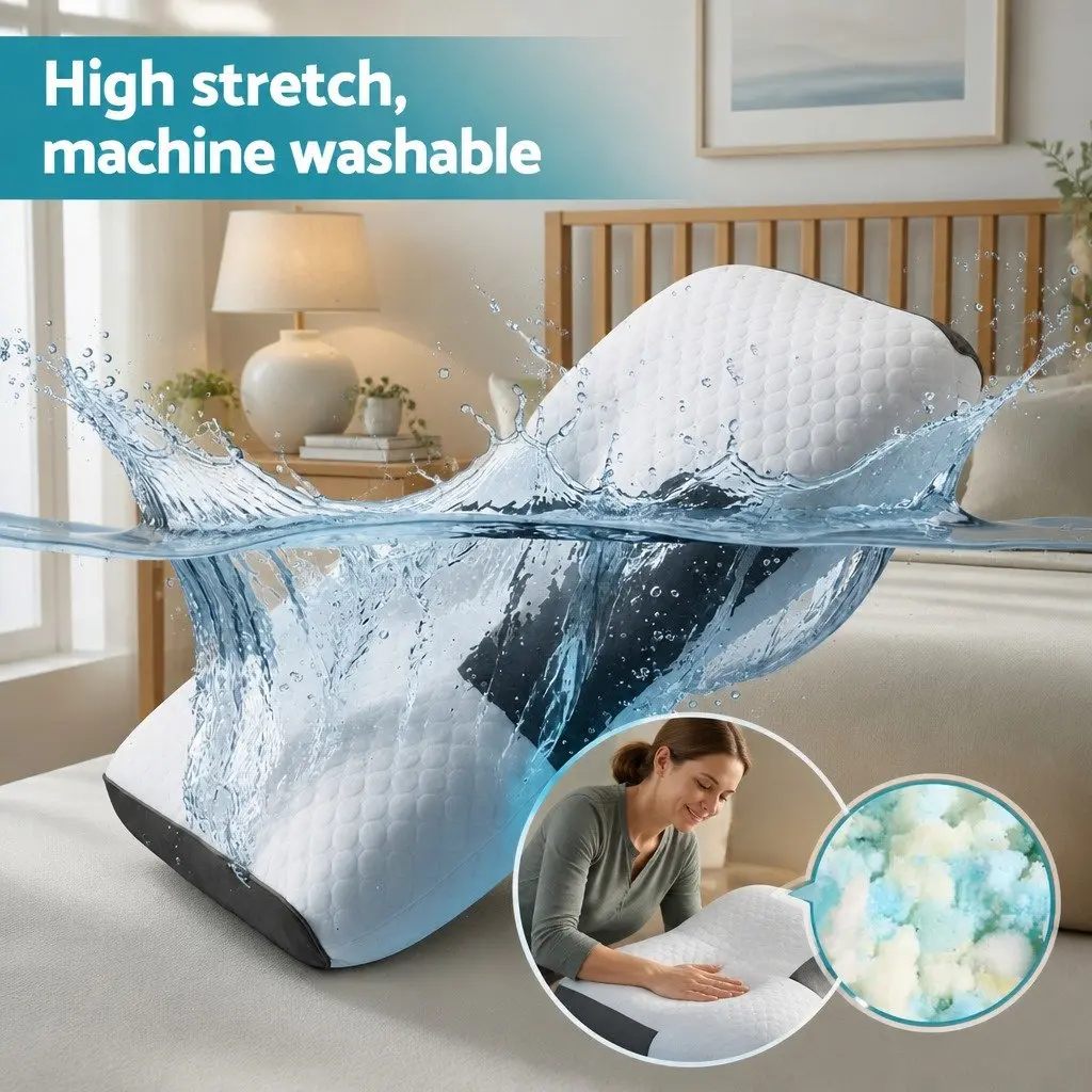 Ergonomic Contour Pillow Memory Foam Adjustable Height 73cm x 48cm Blue & White