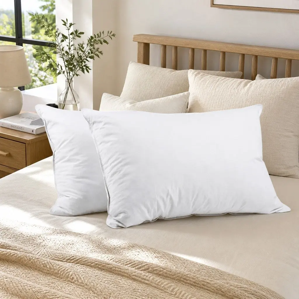 Duck Feather Down Pillow Cotton Casing 73 x 48cm White Twin Pack