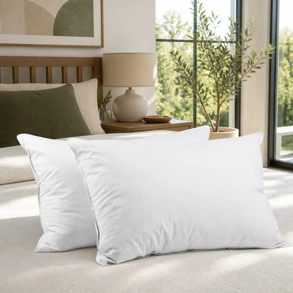Goose Feather Down Pillow Twin Pack Cotton 75cm x 50cm White Hypo-Allergenic