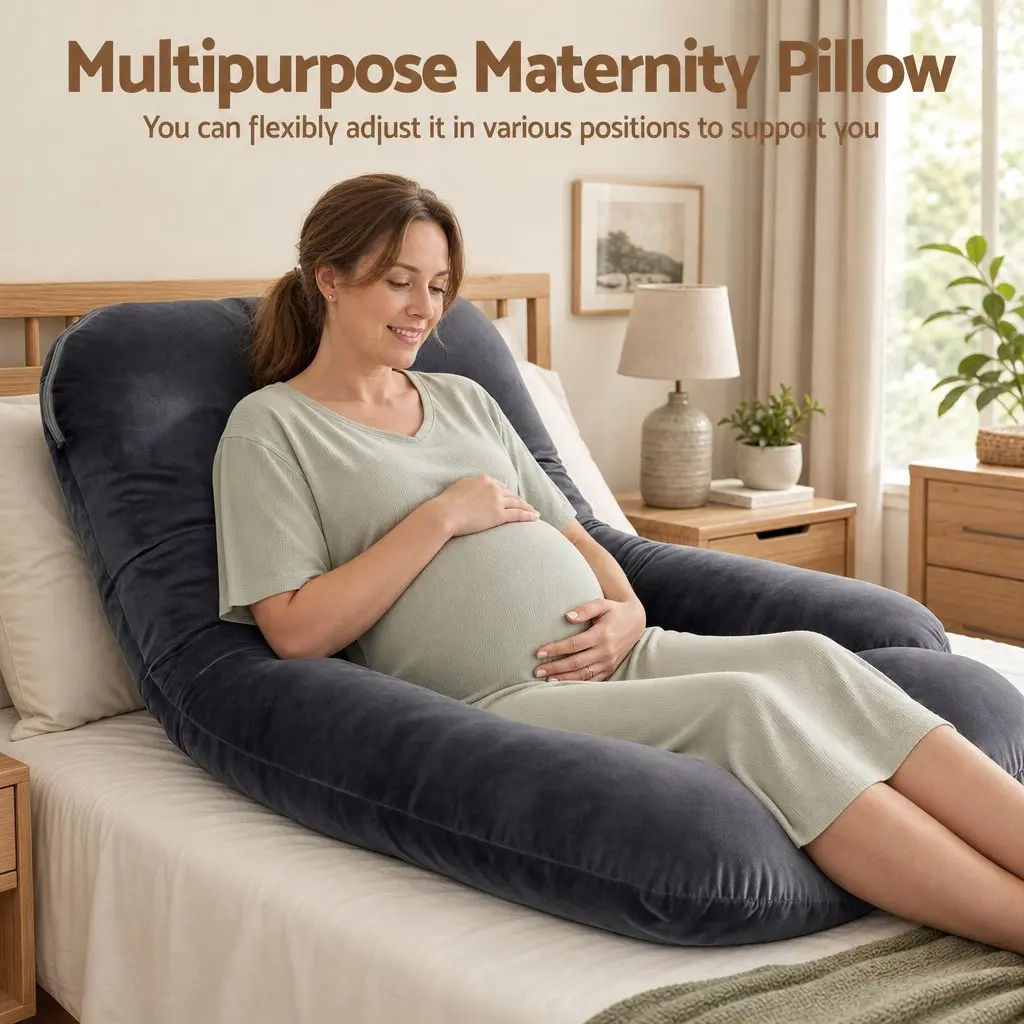 G Shaped Maternity Pillow Full Body Support Cushion Dark Grey Synthetic Fabric 131x70cm