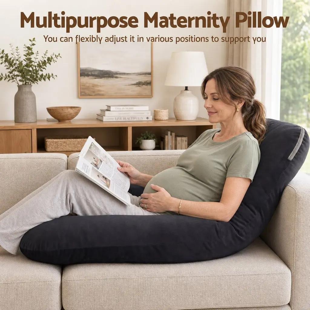 G Shaped Maternity Pillow Full Body Support Cushion Dark Grey Synthetic Fabric 131x70cm