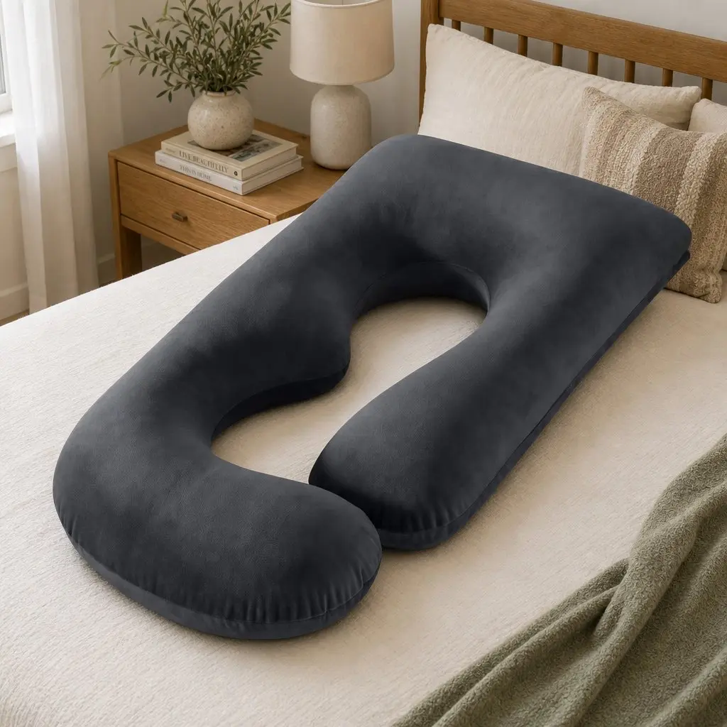 G Shaped Maternity Pillow Full Body Support Cushion Dark Grey Synthetic Fabric 131x70cm