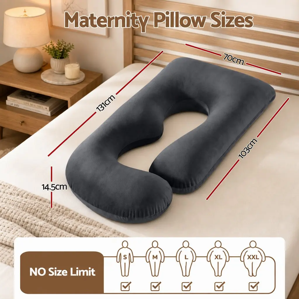 G Shaped Maternity Pillow Full Body Support Cushion Dark Grey Synthetic Fabric 131x70cm