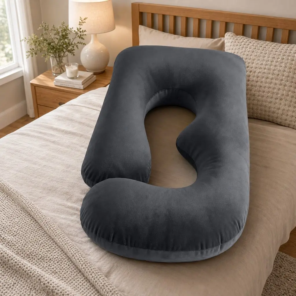 G Shaped Maternity Pillow Full Body Support Cushion Dark Grey Synthetic Fabric 131x70cm