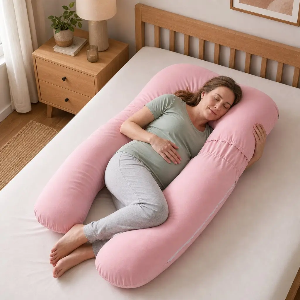 U Shaped Full Body Pregnancy Pillow Cotton Jersey Cover 73 x 133 cm Pink