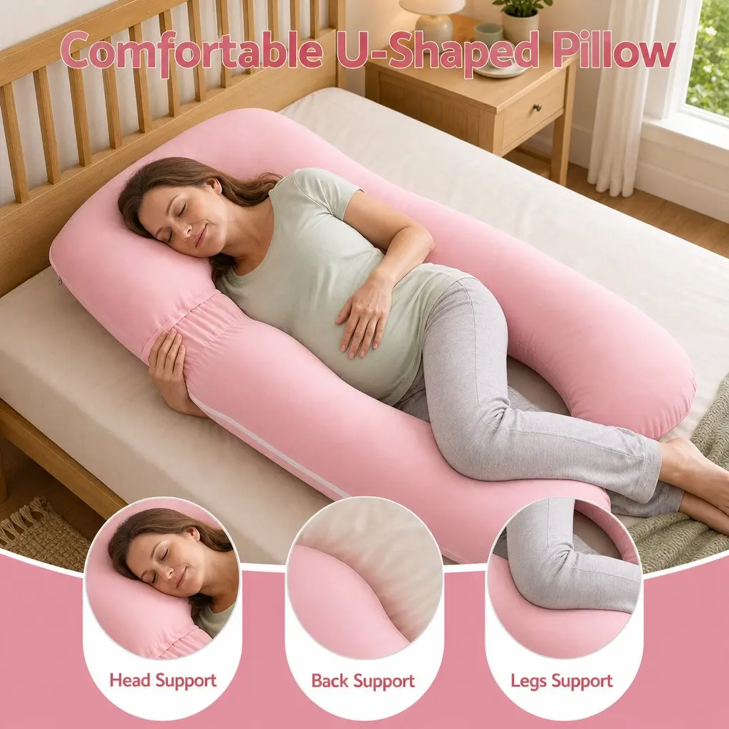 U Shaped Full Body Pregnancy Pillow Cotton Jersey Cover 73 x 133 cm Pink