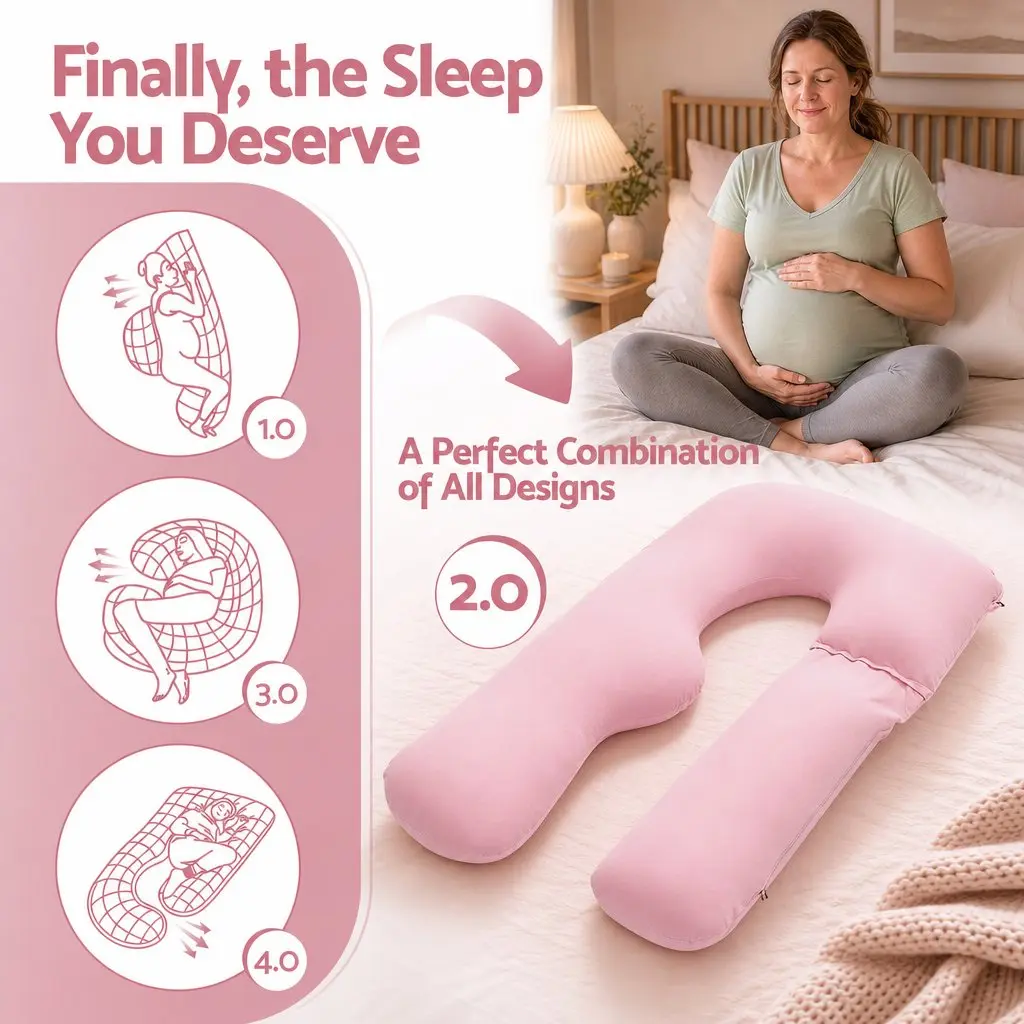 U Shaped Full Body Pregnancy Pillow Cotton Jersey Cover 73 x 133 cm Pink