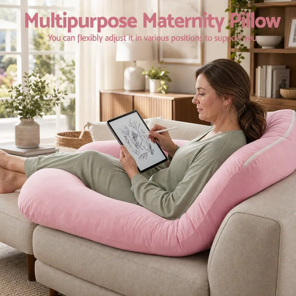 U Shaped Full Body Pregnancy Pillow Cotton Jersey Cover 73 x 133 cm Pink