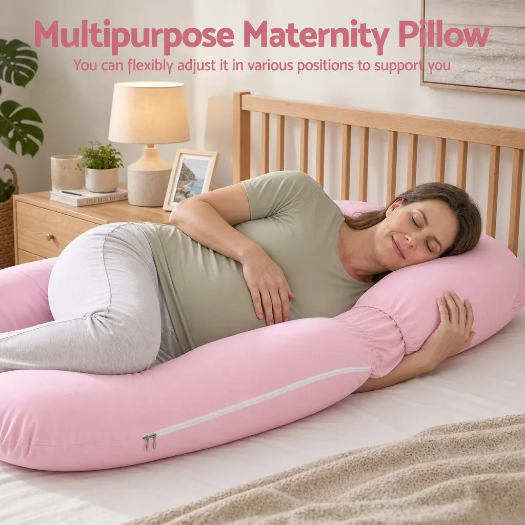 U Shaped Full Body Pregnancy Pillow Cotton Jersey Cover 73 x 133 cm Pink