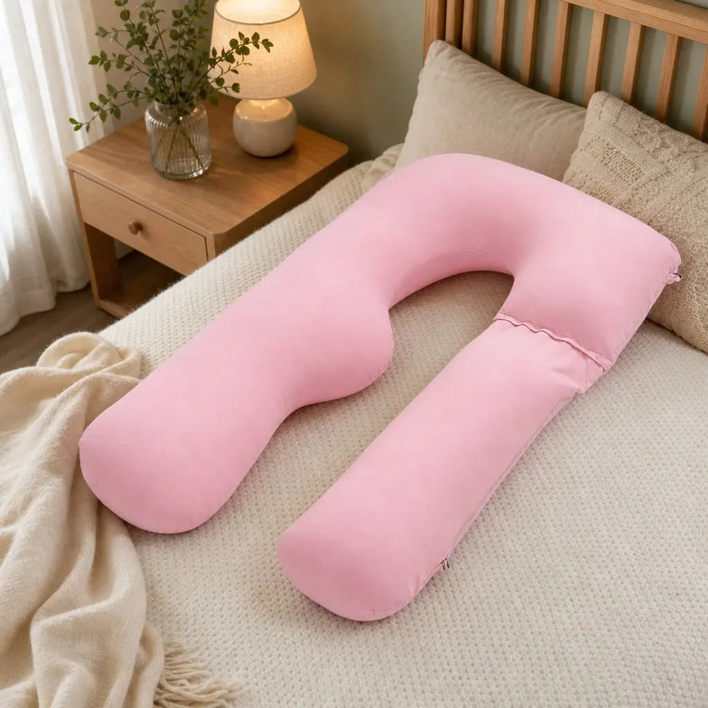 U Shaped Full Body Pregnancy Pillow Cotton Jersey Cover 73 x 133 cm Pink