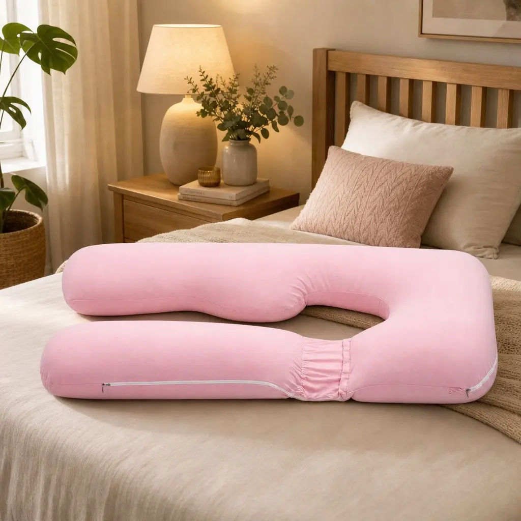 U Shaped Full Body Pregnancy Pillow Cotton Jersey Cover 73 x 133 cm Pink