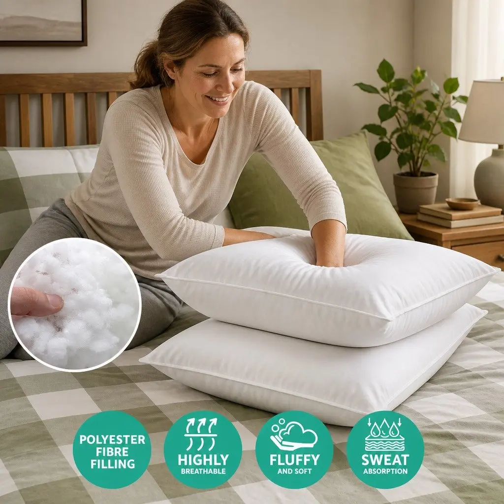 King Size Bed Pillows Set of 4 Medium Firm Cotton Cover Polyester Filling 50x90cm White