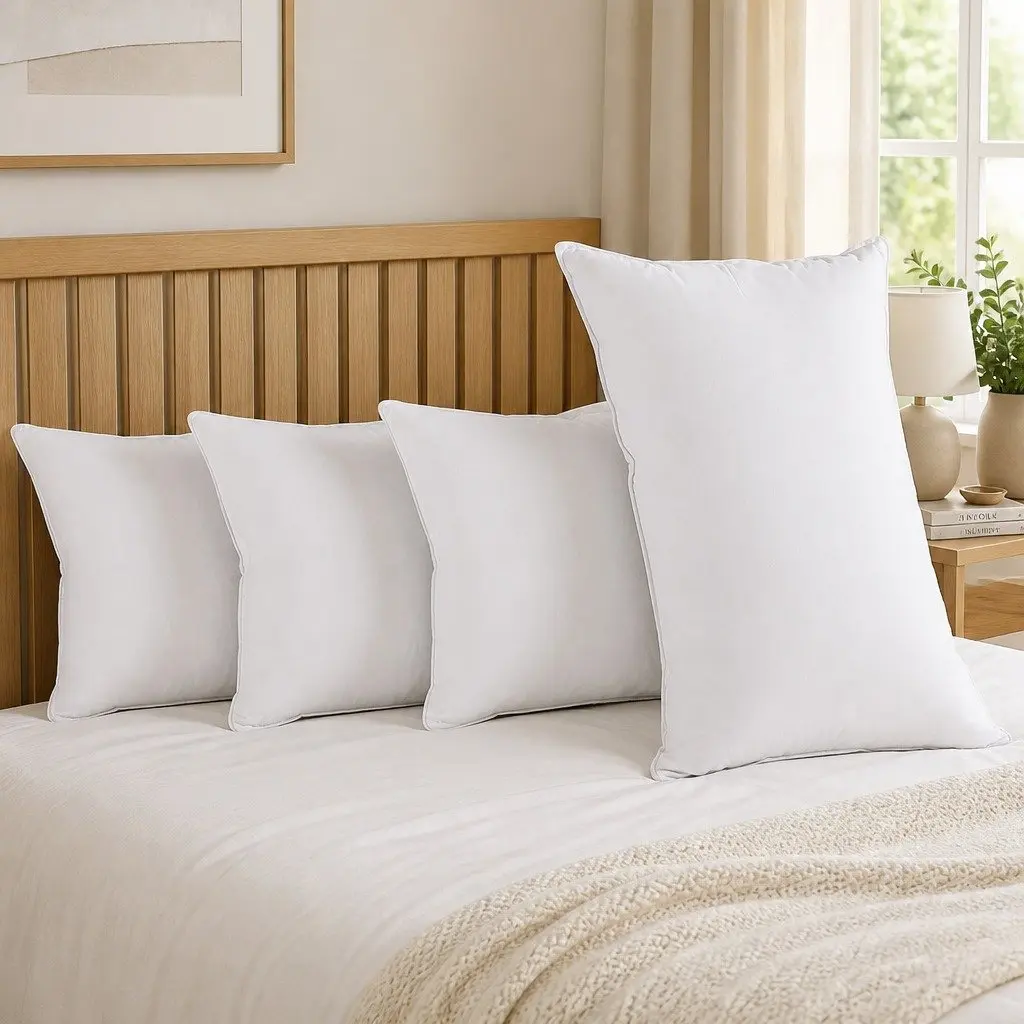 King Size Bed Pillows Set of 4 Medium Firm Cotton Cover Polyester Filling 50x90cm White