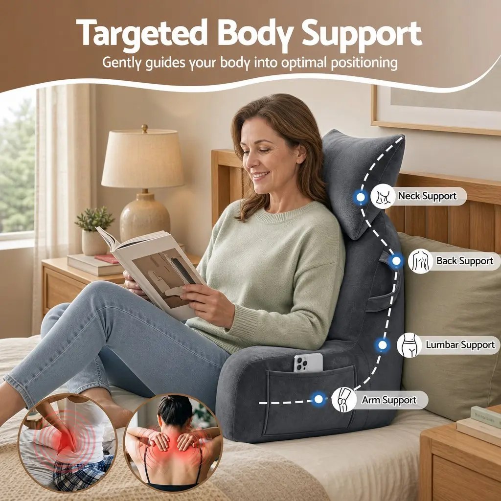 Reading Pillow Wedge Shape with Detachable Neck Roll Armrests Back Support Grey