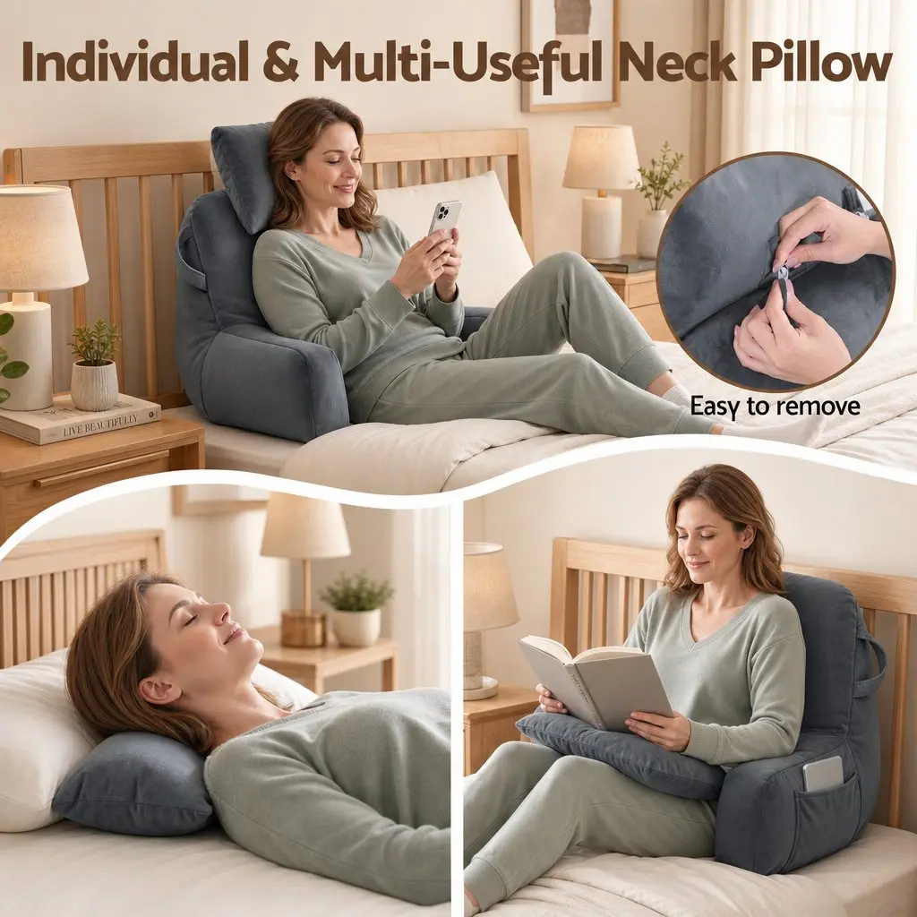Reading Pillow Wedge Shape with Detachable Neck Roll Armrests Back Support Grey