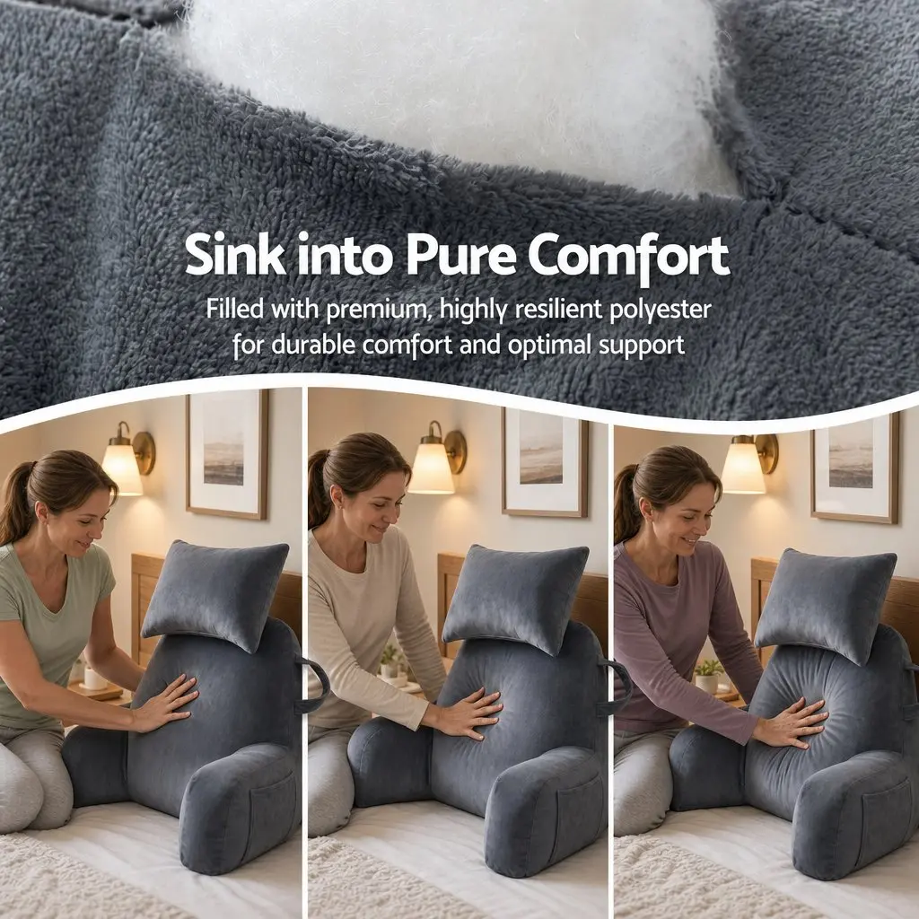 Reading Pillow Wedge Shape with Detachable Neck Roll Armrests Back Support Grey