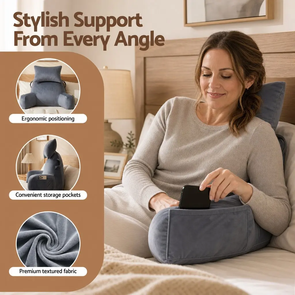 Reading Pillow Wedge Shape with Detachable Neck Roll Armrests Back Support Grey