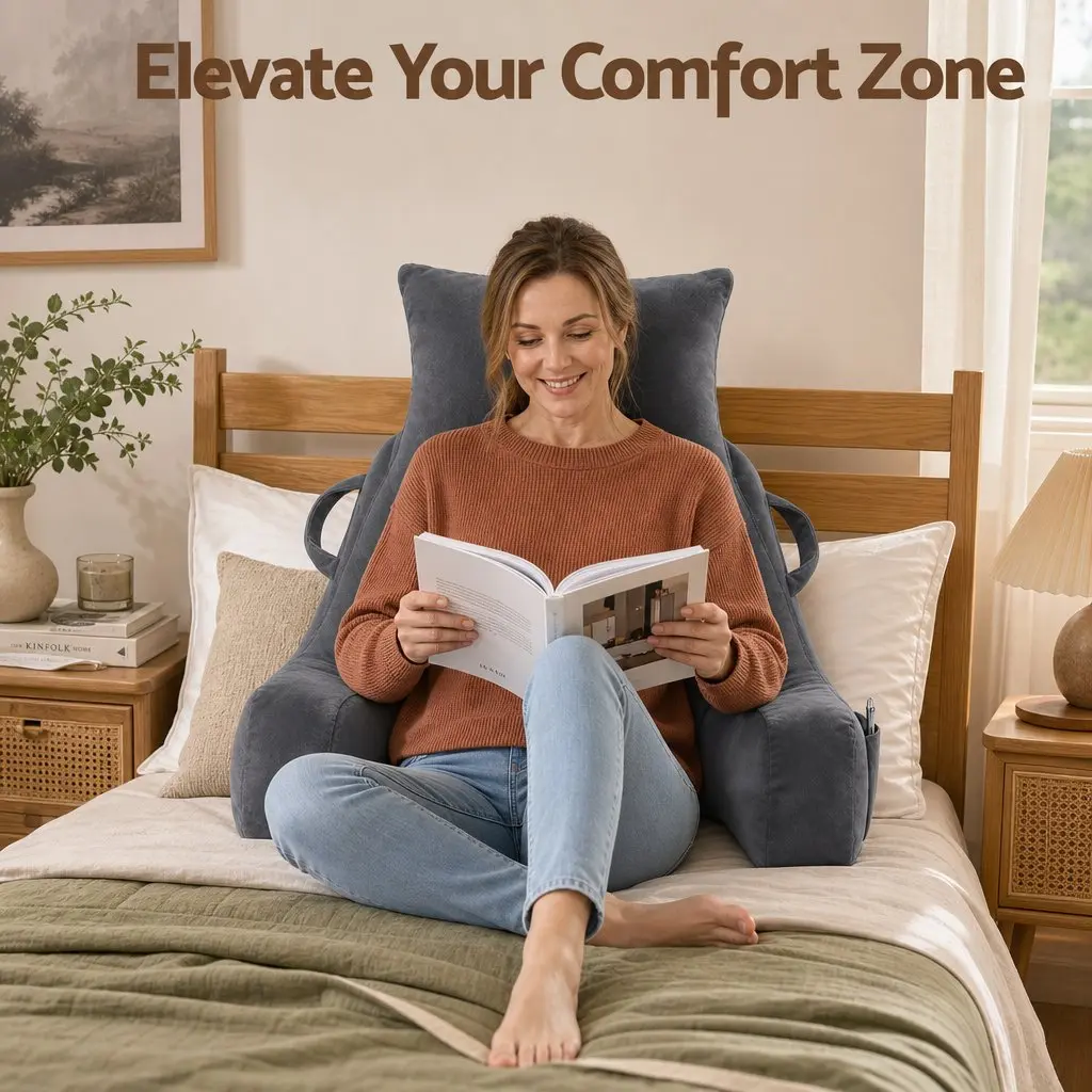 Reading Pillow Wedge Shape with Detachable Neck Roll Armrests Back Support Grey