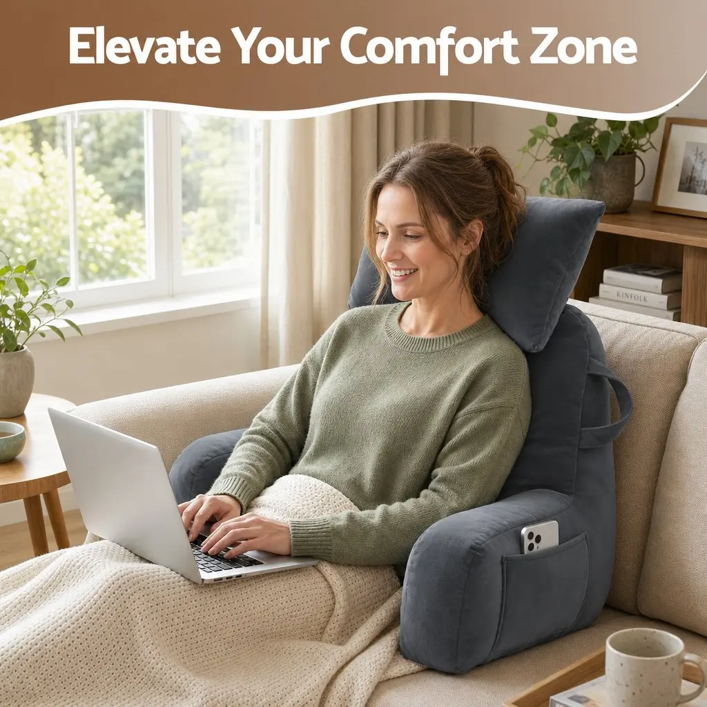 Reading Pillow Wedge Shape with Detachable Neck Roll Armrests Back Support Grey