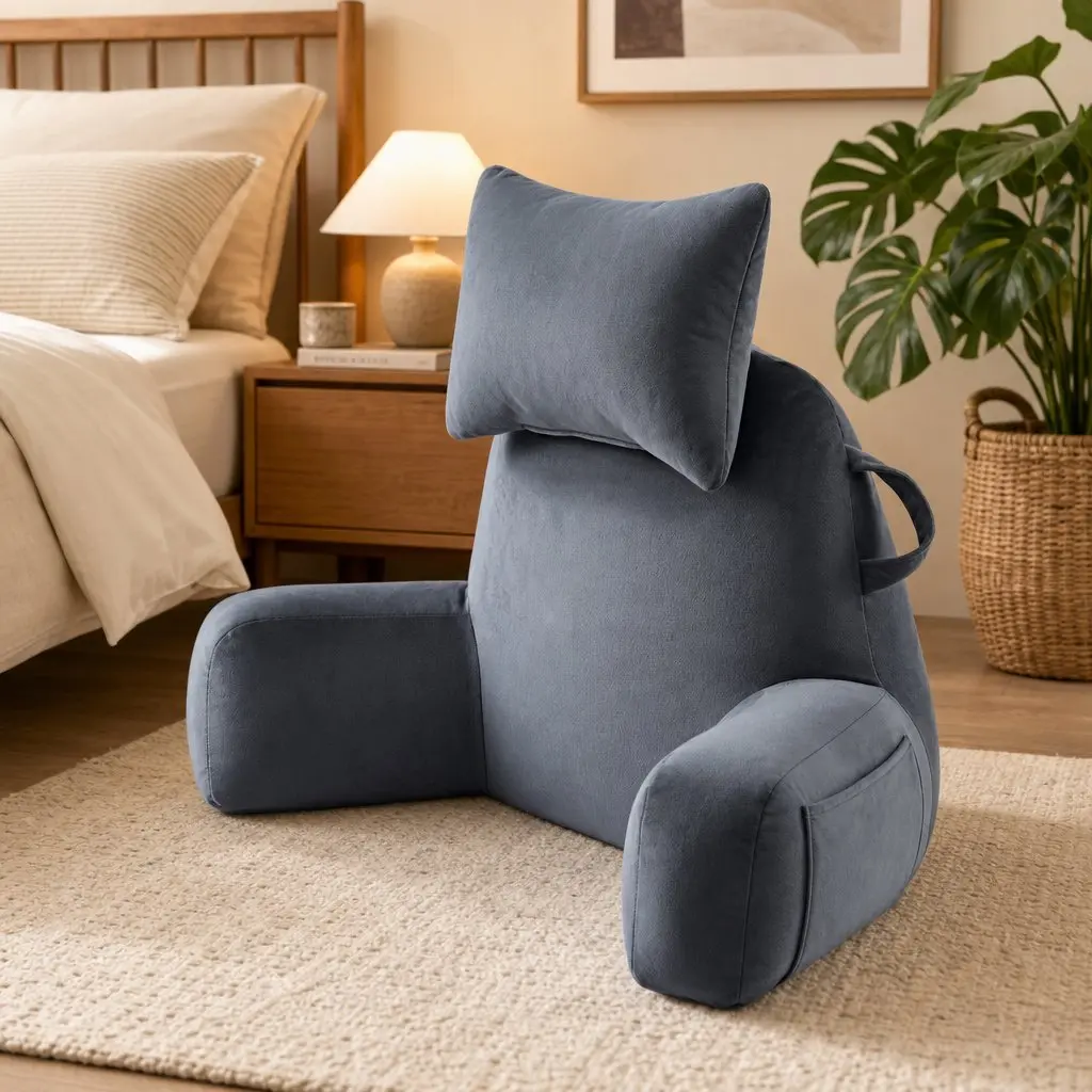 Reading Pillow Wedge Shape with Detachable Neck Roll Armrests Back Support Grey