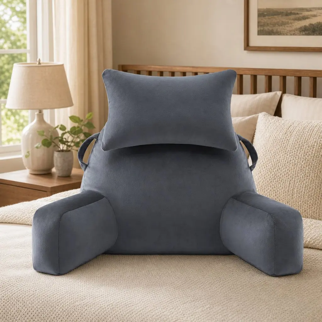 Reading Pillow Wedge Shape with Detachable Neck Roll Armrests Back Support Grey