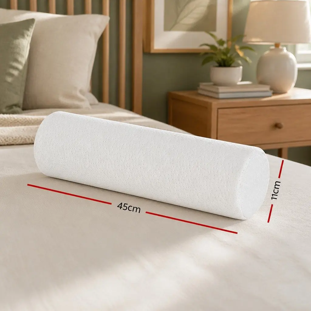 Neck Roll Pillow Memory Foam Bamboo Cover 45cm Supportive Cushion White