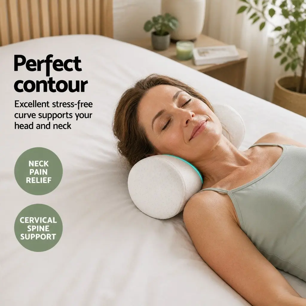 Neck Roll Pillow Memory Foam Bamboo Cover 45cm Supportive Cushion White