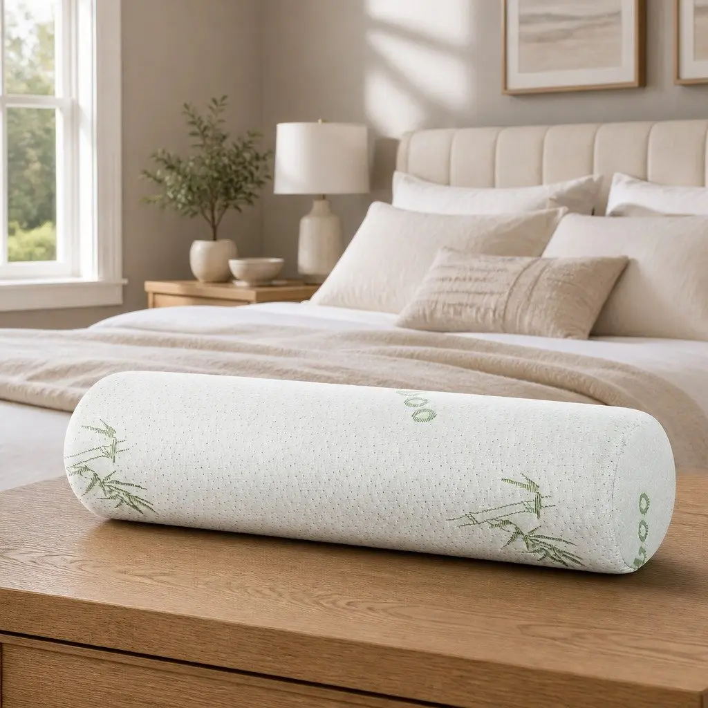 Neck Roll Pillow Memory Foam Bamboo Cover 45cm Supportive Cushion White
