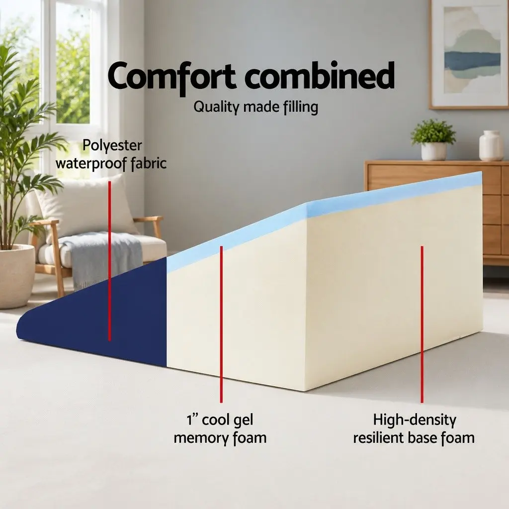 Bed Wedge Support Pillow Memory Foam 62 x 64 x 30cm Blue Removable Waterproof Cover