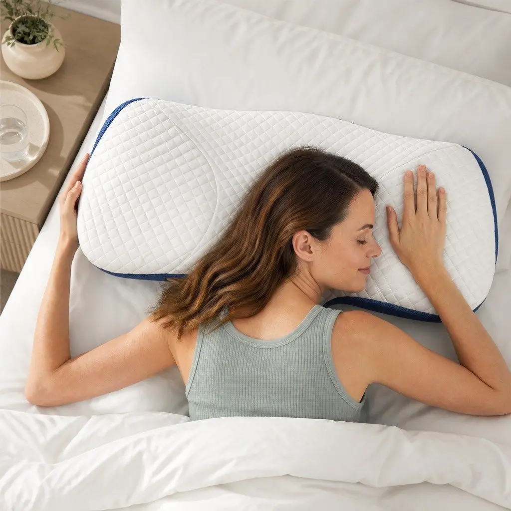 Memory Foam Pillow Neck Support Ergonomic Design Breathable Pillowcase Blue