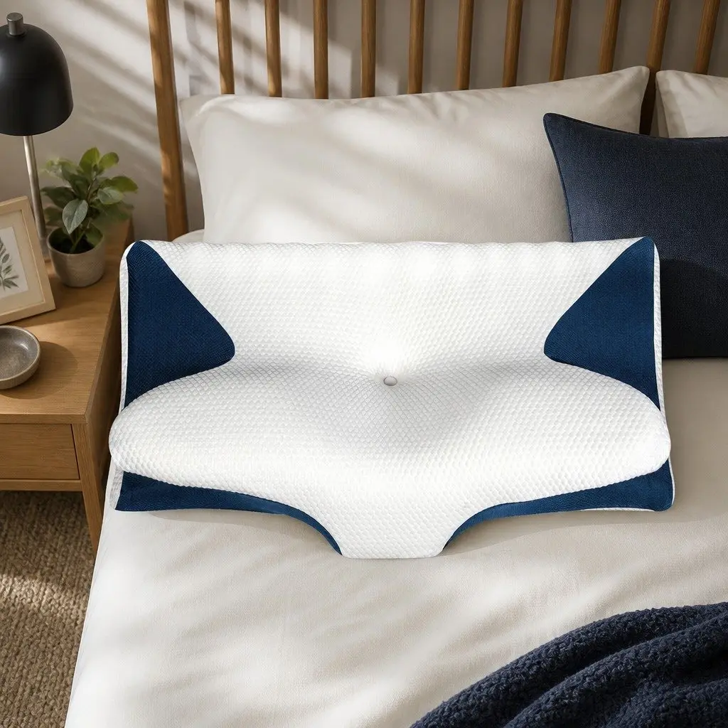 Cervical Pillow Memory Foam Ergonomic 60cm x 38cm White and Blue
