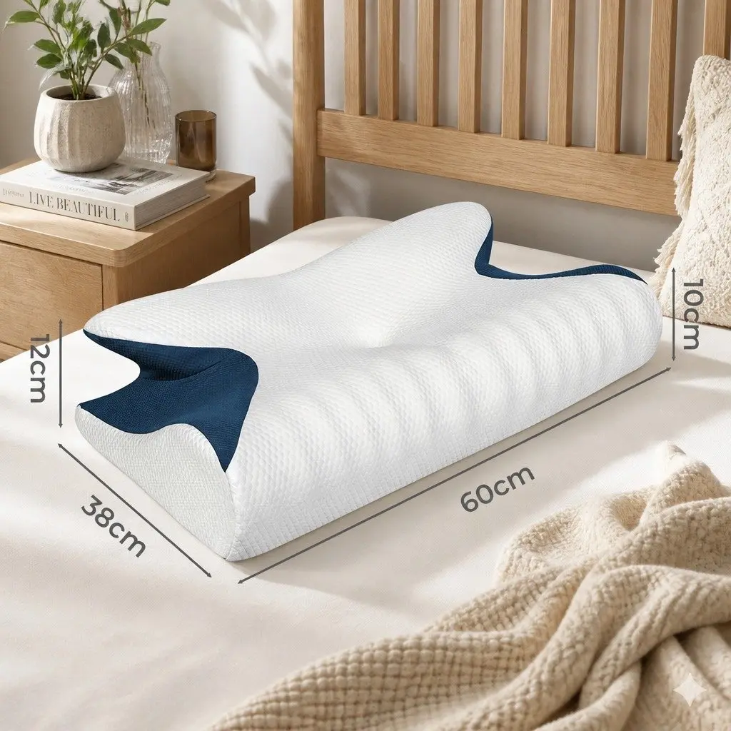 Cervical Pillow Memory Foam Ergonomic 60cm x 38cm White and Blue