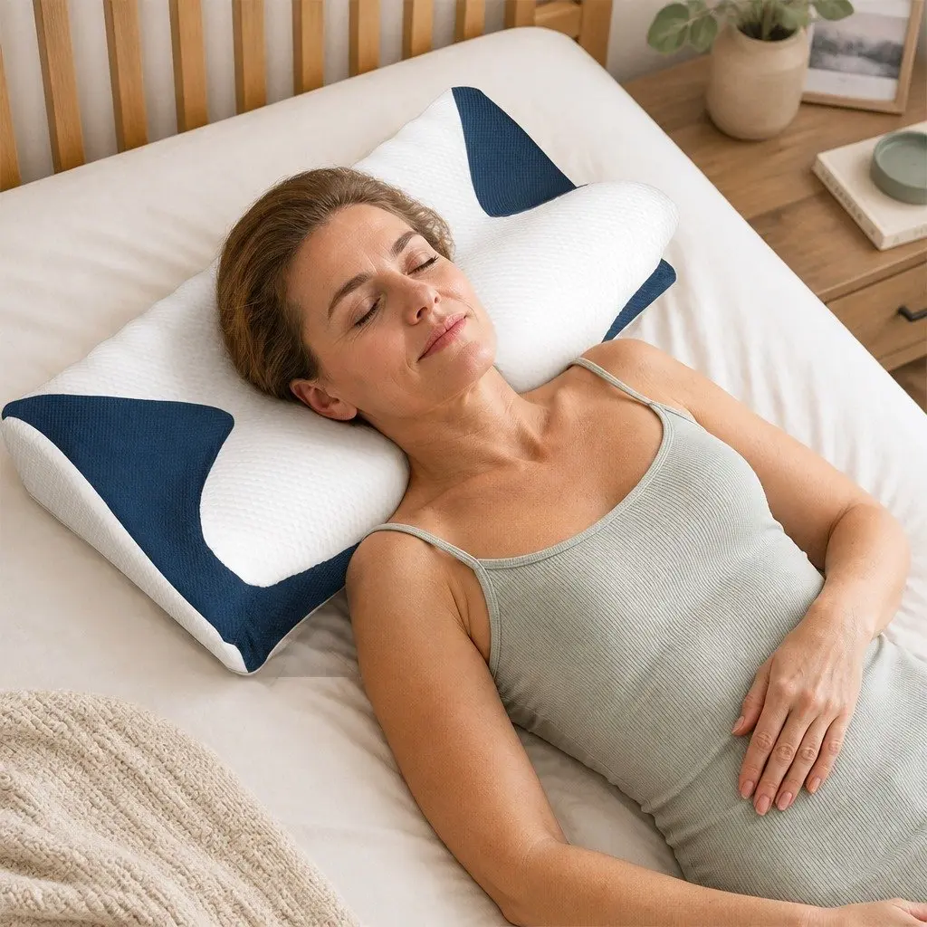 Cervical Pillow Memory Foam Ergonomic 60cm x 38cm White and Blue