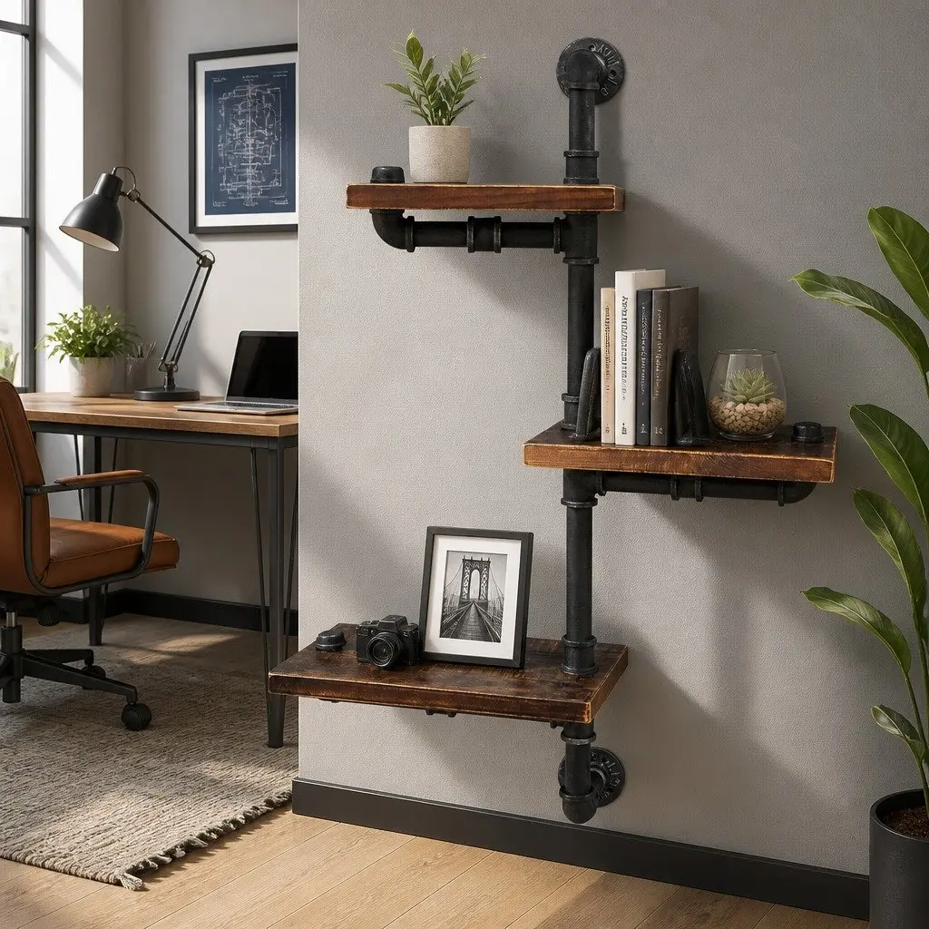 3 Tier Floating Shelf Adjustable Rustic Timber and Metal Wall Mount Brown DIY Industrial Pipe