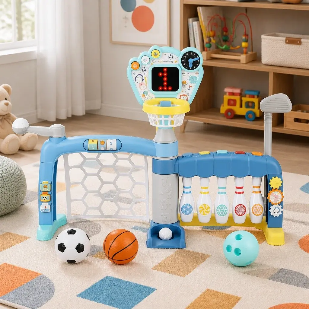 Kids 5-in-1 Activity Centre Sports Set Interactive Basketball Soccer Baseball Golf Blue 89 x 43 x 61-67 cm