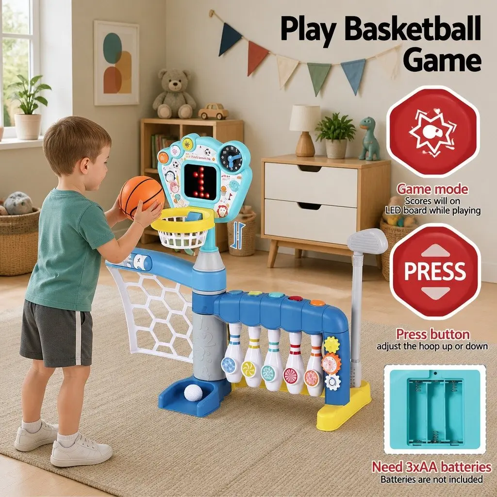 Kids 5-in-1 Activity Centre Sports Set Interactive Basketball Soccer Baseball Golf Blue 89 x 43 x 61-67 cm