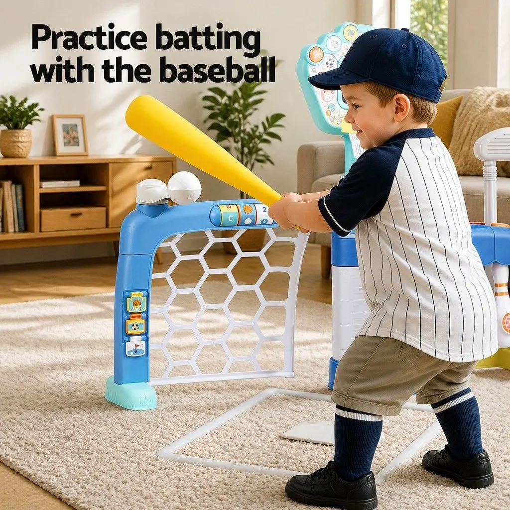 Kids 5-in-1 Activity Centre Sports Set Interactive Basketball Soccer Baseball Golf Blue 89 x 43 x 61-67 cm
