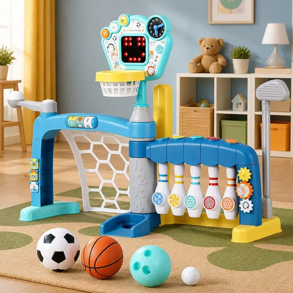 Kids 5-in-1 Activity Centre Sports Set Interactive Basketball Soccer Baseball Golf Blue 89 x 43 x 61-67 cm