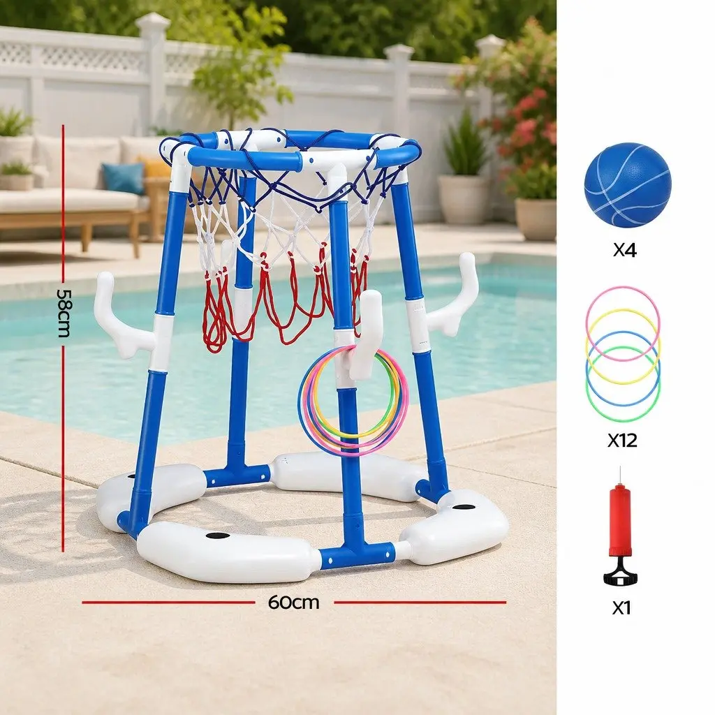 Kids Basketball Hoop Ring Toss Activity Centre Blue 43 x 33 x 77-105 cm Indoor Outdoor