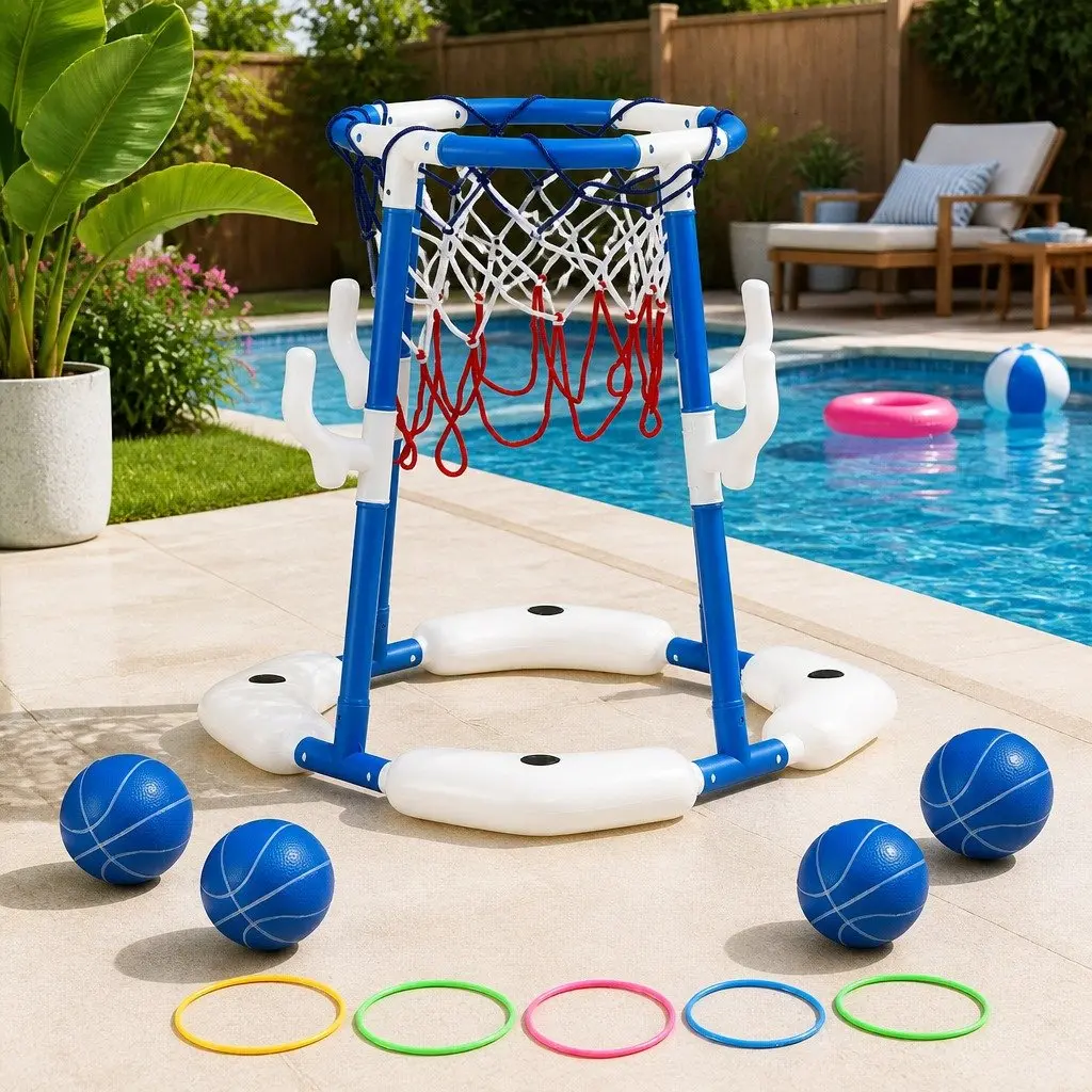 Kids Basketball Hoop Ring Toss Activity Centre Blue 43 x 33 x 77-105 cm Indoor Outdoor